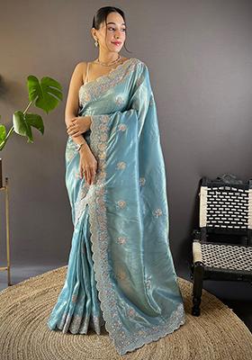 Blue Sequin Thread Embroidered Crush Saree Set