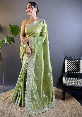 Green Sequin Thread Embroidered Crush Saree Set