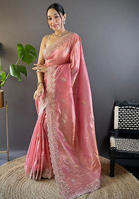 Pink Sequin Thread Embroidered Crush Saree Set