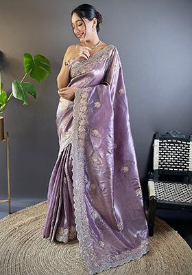Purple Sequin Thread Embroidered Crush Saree Set