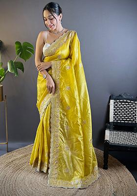 Yellow Sequin Thread Embroidered Crush Saree Set
