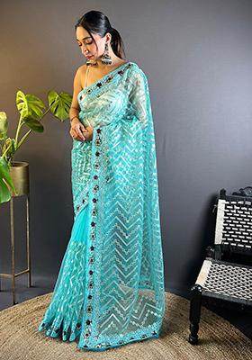 Blue Thread Embroidered Butterfly Net Saree Set
