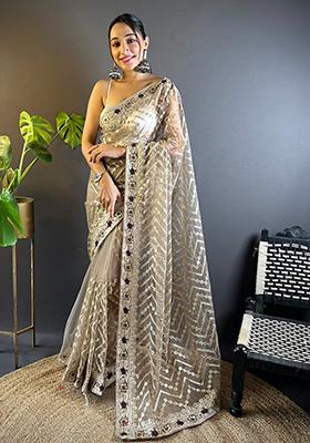 Beige Thread Embroidered Butterfly Net Saree Set