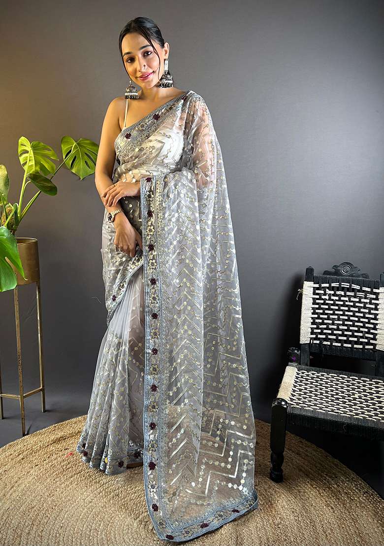 Grey Thread Embroidered Butterfly Net Saree Set - Indya