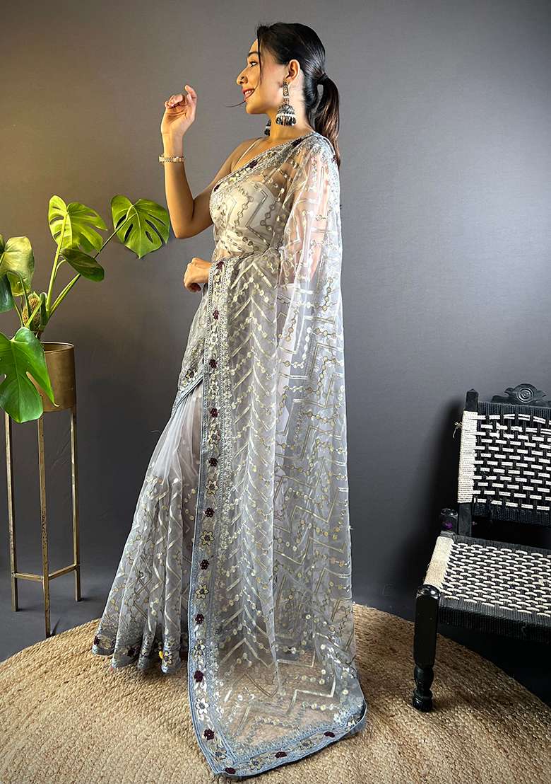 Grey Thread Embroidered Butterfly Net Saree Set - Indya