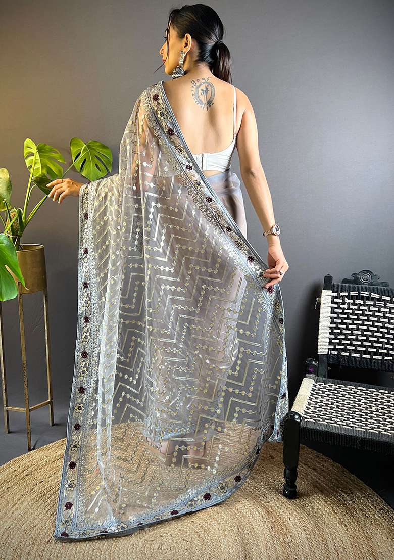 Grey Thread Embroidered Butterfly Net Saree Set - Indya