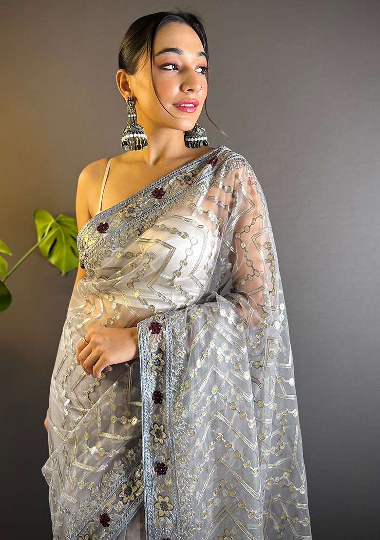 Grey Thread Embroidered Butterfly Net Saree Set - Indya