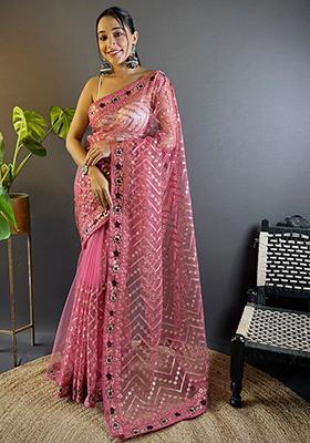 Pink Thread Embroidered Butterfly Net Saree Set