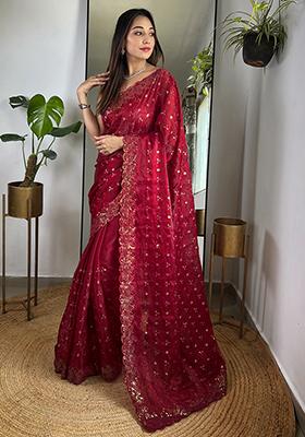 Maroon Sequin Thread Embroidered Jimmy Choo Saree Set