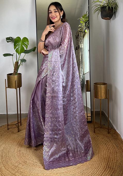 Purple Sequin Thread Embroidered Jimmy Choo Saree Set
