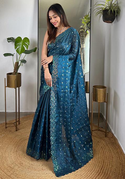 Teal Sequin Thread Embroidered Jimmy Choo Saree Set