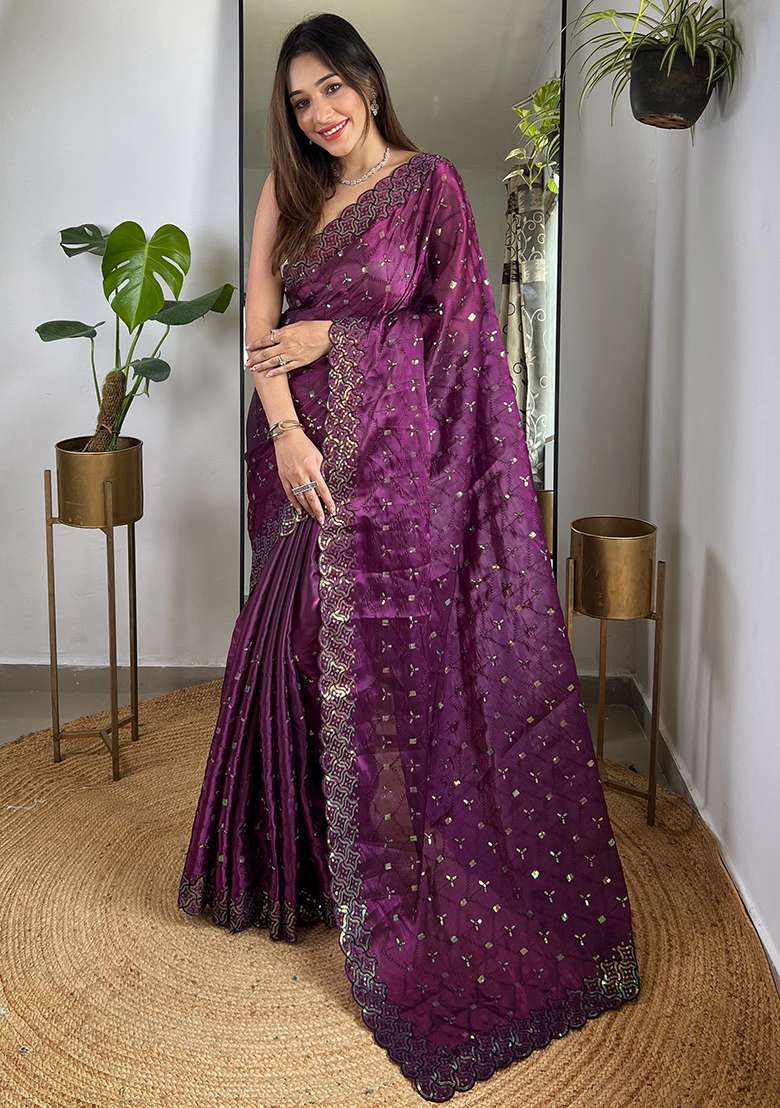 Wine Sequin Thread Embroidered Jimmy Choo Saree Set - Indya