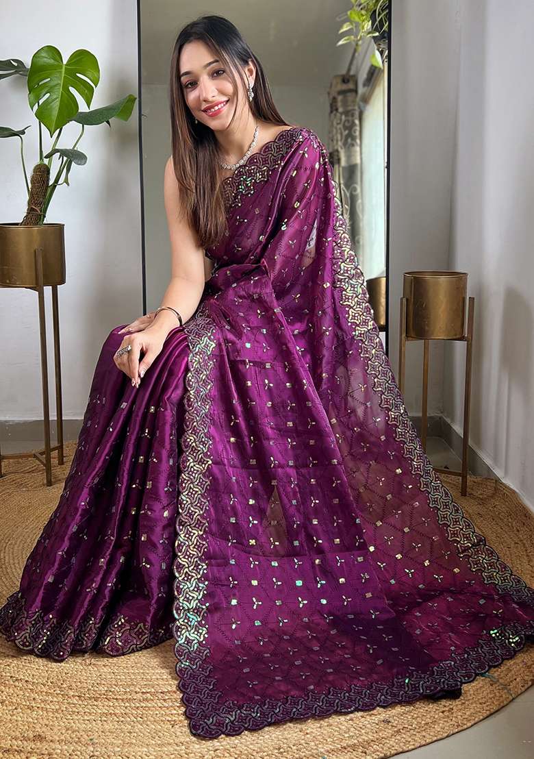 Wine Sequin Thread Embroidered Jimmy Choo Saree Set - Indya