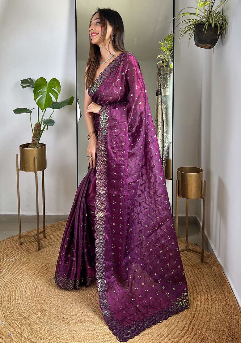 Wine Sequin Thread Embroidered Jimmy Choo Saree Set - Indya