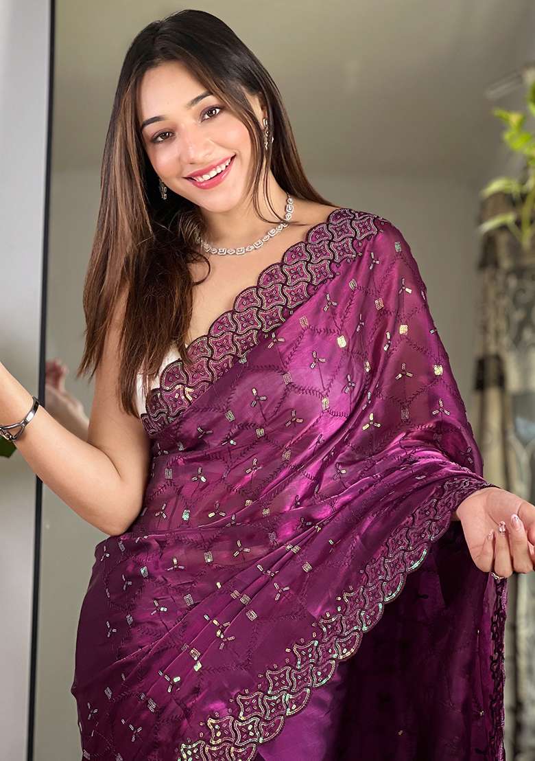 Wine Sequin Thread Embroidered Jimmy Choo Saree Set - Indya
