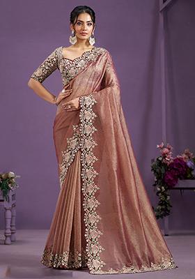 Maroon Sequin Embroidered Banarasi Silk Saree Set