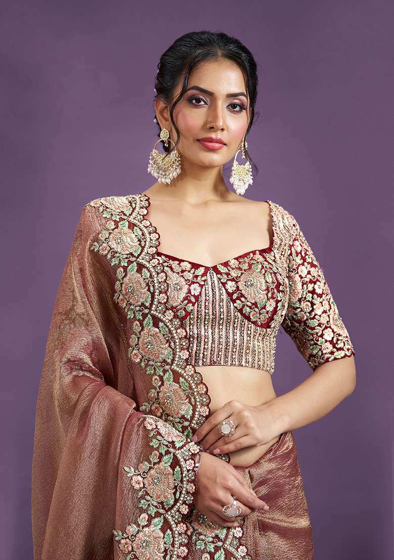 Maroon Sequin Embroidered Banarasi Silk Saree Set - Indya