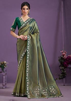 Green Sequin Embroidered Tissue Saree Set