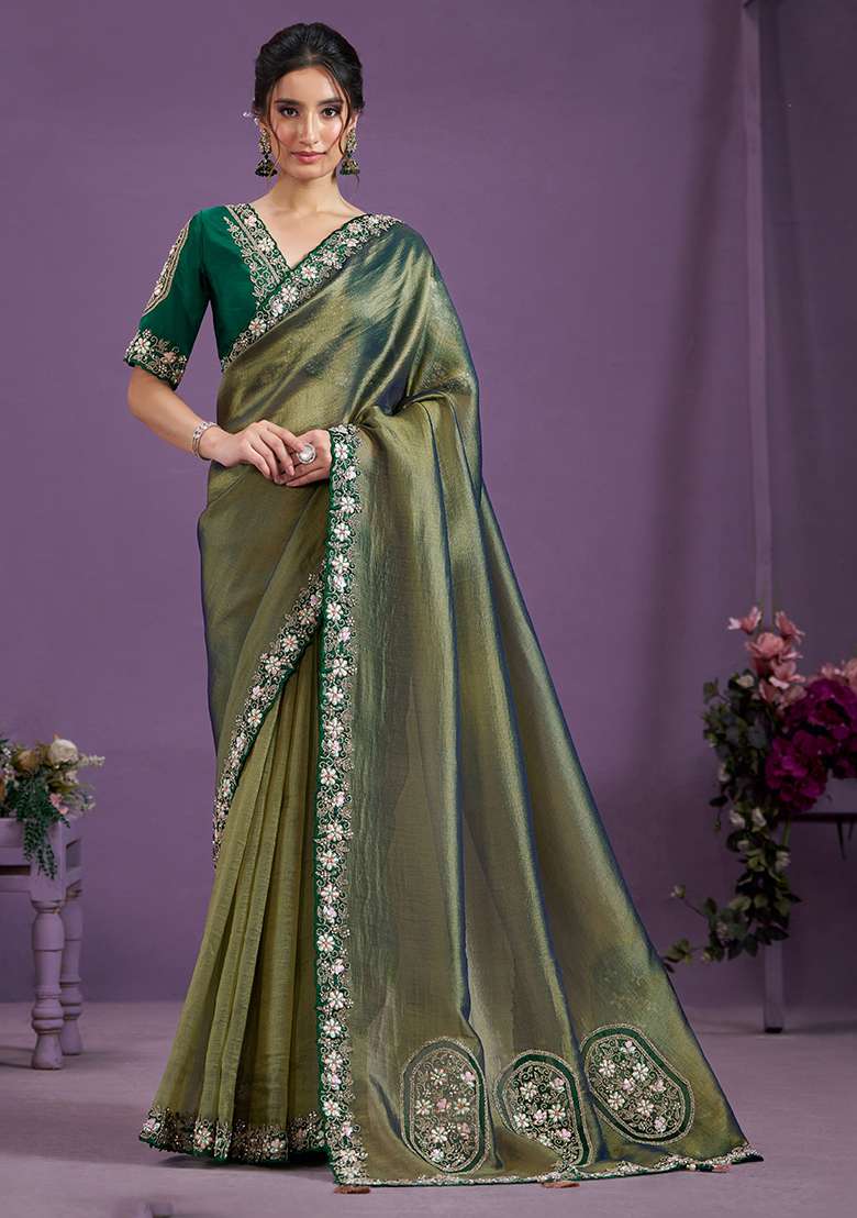 Green Sequin Embroidered Tissue Saree Set - Indya