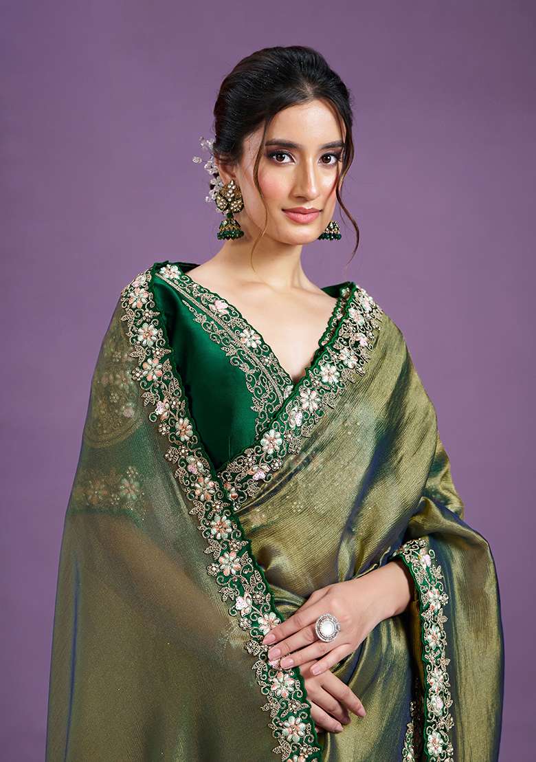 Green Sequin Embroidered Tissue Saree Set - Indya