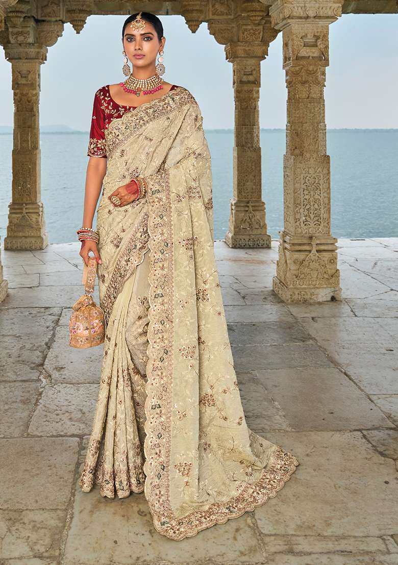 Cream Zarkon Embroidered Banarasi Silk Saree Set - Indya