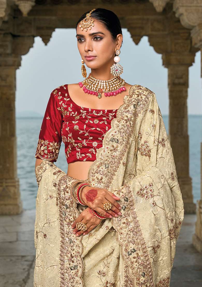 Cream Zarkon Embroidered Banarasi Silk Saree Set - Indya
