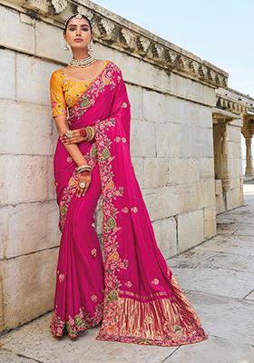 Pink Zari Thread Embroidered Satin Saree Set