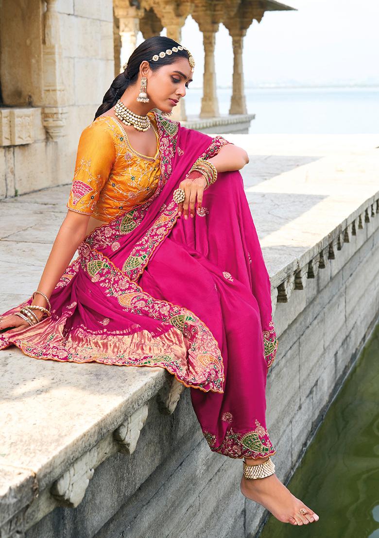 Pink Zari Thread Embroidered Satin Saree Set