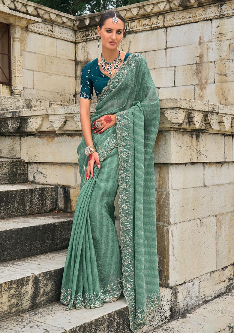Green Cutdana Embroidered Tissue Saree Set