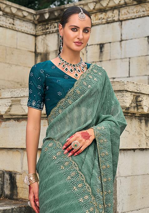 Green Cutdana Embroidered Tissue Saree Set