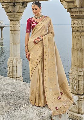 Beige Cutdana Embroidered Kanjivaram Silk Saree Set