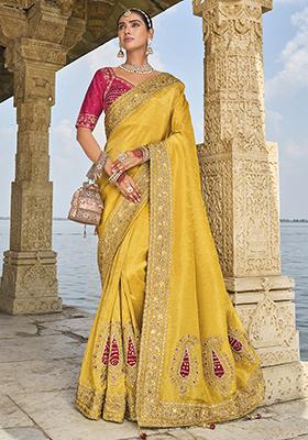 Mustard Zari Woven Crepe Saree Set