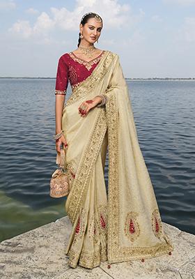 Cream Zari Woven Crepe Saree Set