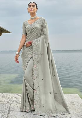 Grey Zari Thread Embroidered Banarasi Silk Saree Set