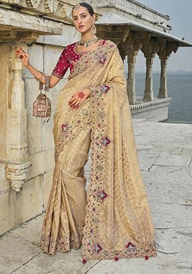 Beige Zari Thread Embroidered Kanjivaram Silk Saree Set