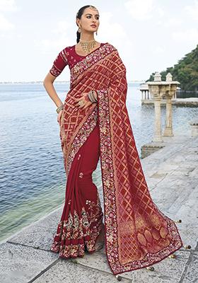 Maroon Zari Thread Embroidered Dola Silk Saree Set