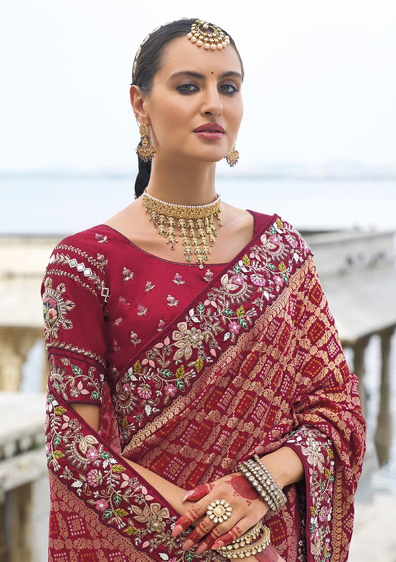 Maroon Zari Thread Embroidered Dola Silk Saree Set