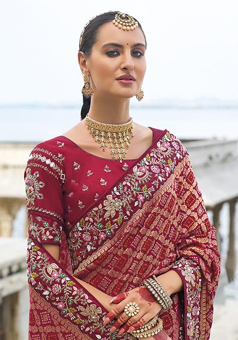 Maroon Zari Thread Embroidered Dola Silk Saree Set