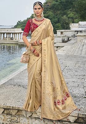 Beige Cutdana Embroidered Kanjivaram Silk Saree Set