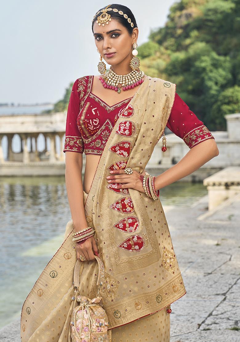 Beige Cutdana Embroidered Kanjivaram Silk Saree Set