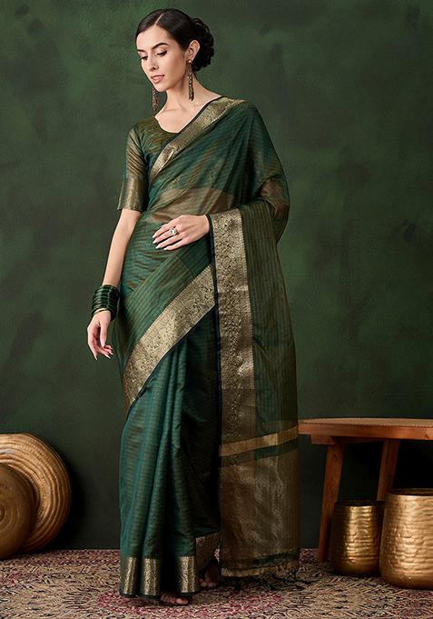 Green Woven Jacquard Khadi Organza Saree Set