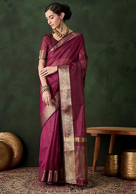 Magenta Woven Jacquard Khadi Organza Saree Set