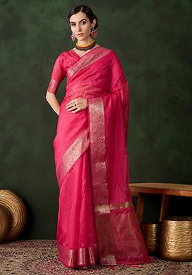 Pink Woven Jacquard Khadi Organza Saree Set
