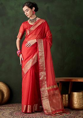 Red Woven Jacquard Khadi Organza Saree Set