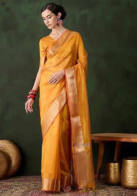 Yellow Woven Jacquard Khadi Organza Saree Set