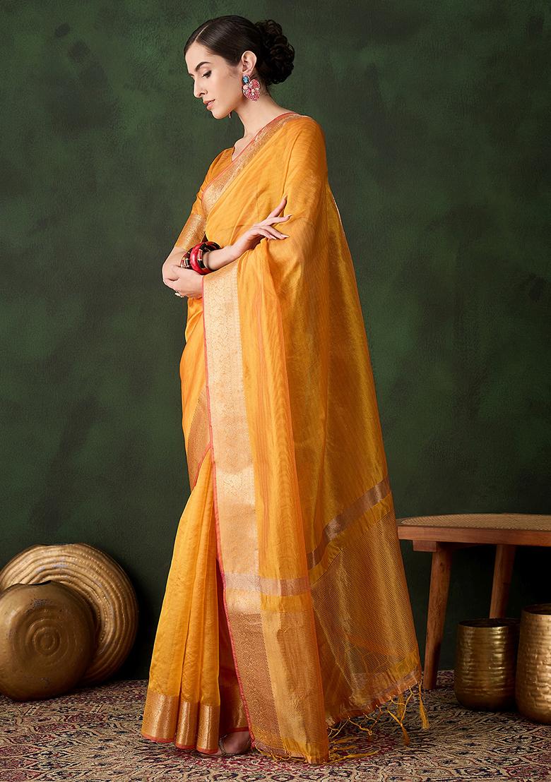 Yellow Woven Jacquard Khadi Organza Saree Set