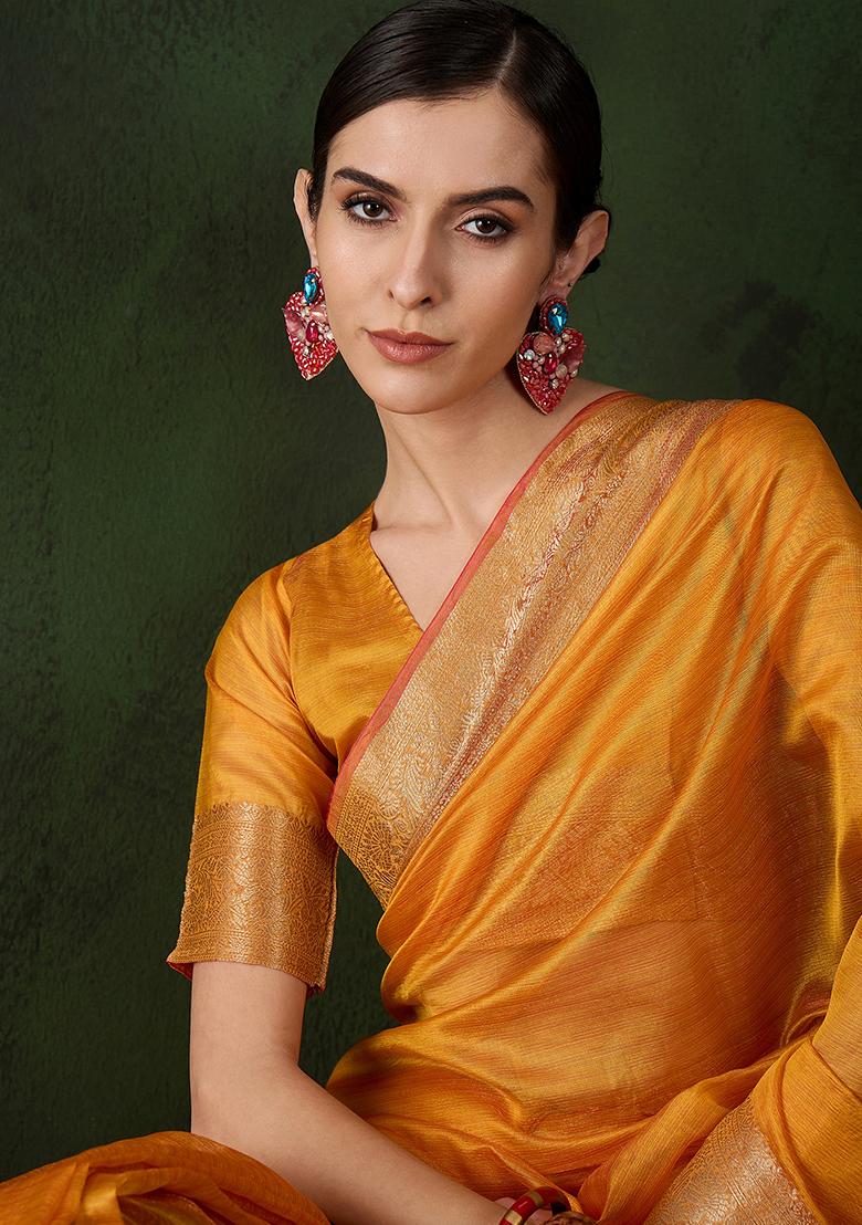 Yellow Woven Jacquard Khadi Organza Saree Set