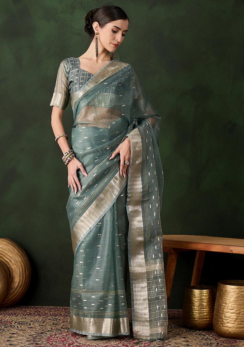 Green Woven Jacquard Khadi Organza Saree Set