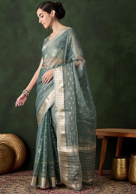 Green Woven Jacquard Khadi Organza Saree Set