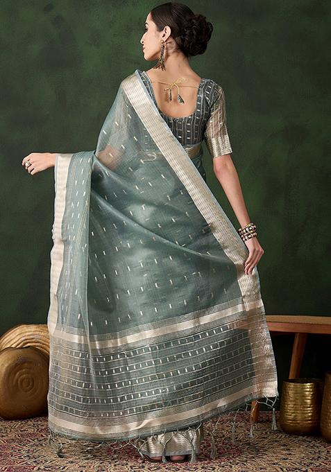 Green Woven Jacquard Khadi Organza Saree Set